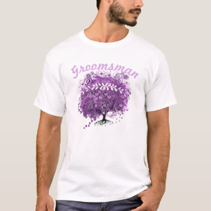 Camiseta Groomsman Boda de árbol de hojas de corazón púrpur