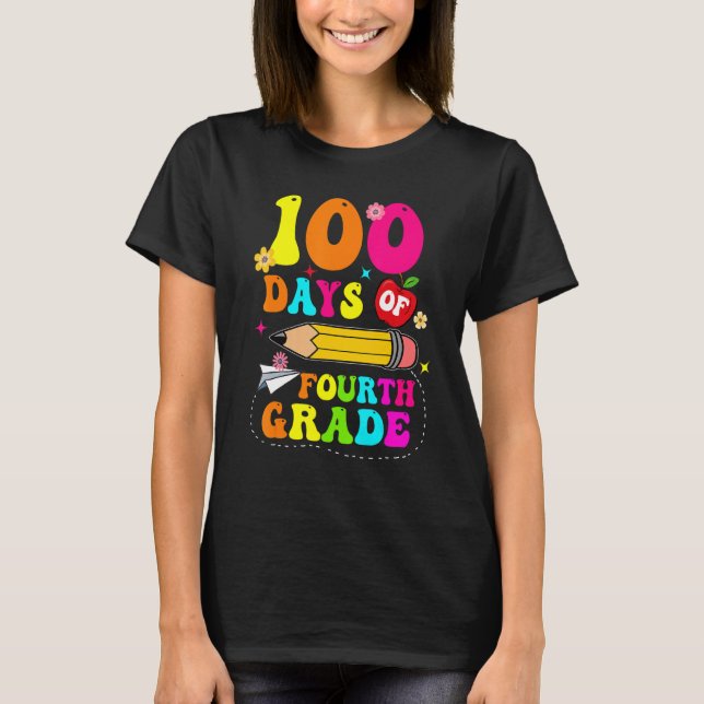 Camiseta Groovy 100 Days Of Fourth Grade Kids Teacher 100th (Anverso)