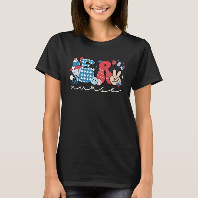 Camiseta Groovy 4th of July ER Nurse Patriotic Emergency Ro (Anverso)