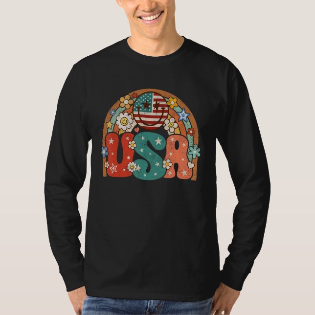 Camiseta Groovy American Flag USA Retro Rainbow Smile Face  (Anverso)