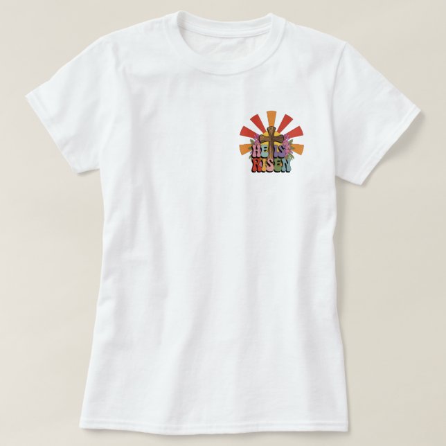 Camiseta Groovy años 70 Él se levanta la explosión del sol (Diseño del anverso)