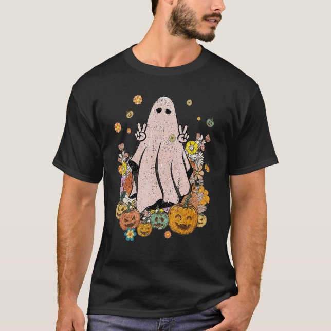 Camiseta Groovy Cute Ghost Floral Spooky Vibes Hippie Hallo (Anverso)