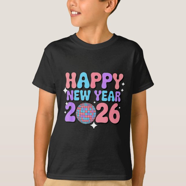 Camiseta Groovy Cute Happy New Year 2026 Disco Ball  (Anverso)