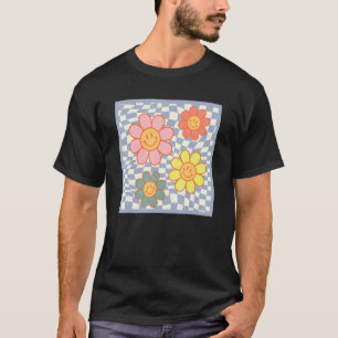 Camiseta Groovy Daisy Flower Happy Face Hippie Checkered fo