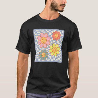 Camiseta Groovy Daisy Flower Happy Face Hippie Checkered fo