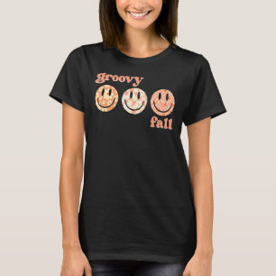 Camiseta Groovy Fall Happy Face Retro Autumn Flower Checker