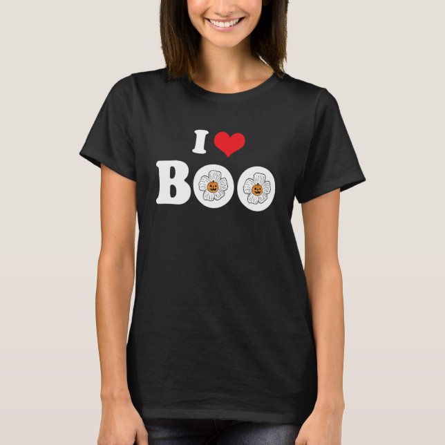 Camiseta Groovy Halloween Floral Pumpkin I Love Boo Heart (Anverso)