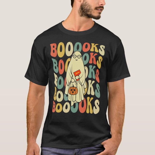 Camiseta Groovy Halloween Libros Fantasma Hippie Boo leyend (Anverso)