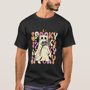 Camiseta Groovy Halloween Retro Floral Spooky Gato Negro Gh