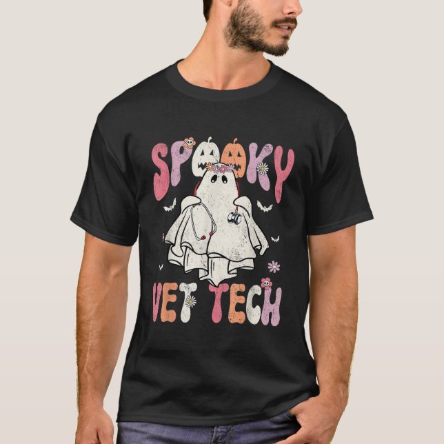 Camiseta Groovy Halloween Spooky Vet Tech Veterinaria Flor (Anverso)