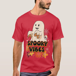 Camiseta Groovy Halloween Spooky Vibes Retro Floral Ghost C