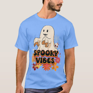 Camiseta Groovy Halloween Spooky Vibes Retro Floral Ghost C