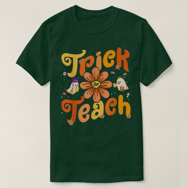 Camiseta Groovy Halloween Trick o Teach Retro Floral Ghost (Diseño del anverso)