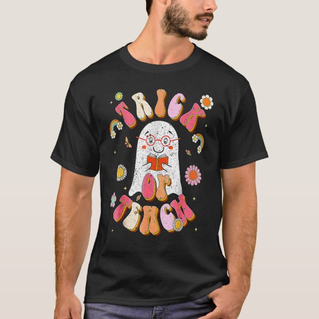 Camiseta Groovy Halloween Trick or Teach Retro Floral Ghost (Anverso)