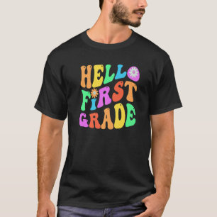 Camiseta Groovy Hello 1er grado Maestra Purple First Gr Ret