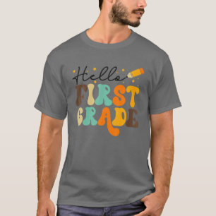 Camiseta Groovy Hello First Grado Vibes Retro Profesores