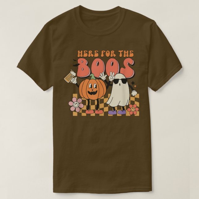Camiseta Groovy Here For The Boos Pumpkin Ghost Retro Face (Diseño del anverso)