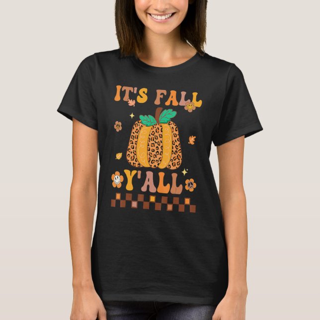 Camiseta Groovy It's Fall Y'all Leopard Pumpkin Autumn Than (Anverso)