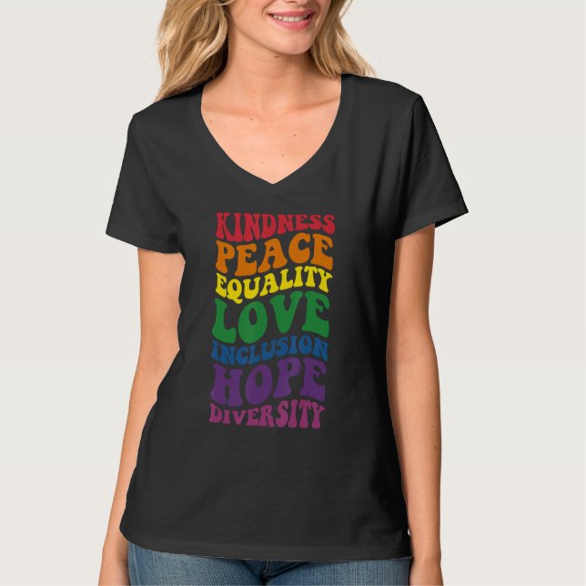 Camiseta Groovy Kindness Peace Equality Rainbow Flag LGBTQ  (Anverso)