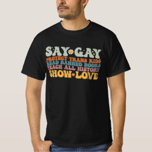 Camiseta Groovy LGBT dice Gay Protect Trans Kids Leer libro