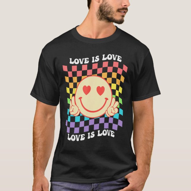 Camiseta Groovy Love Is Love Hippie Face Rainbow LGBT Gay A (Anverso)