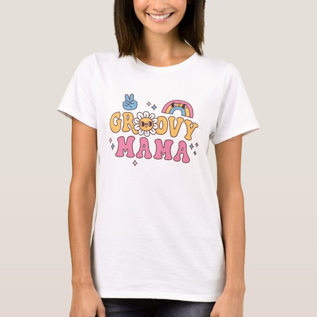 Camiseta Groovy Mama Hippie Flor Y Arcoíris (Anverso)