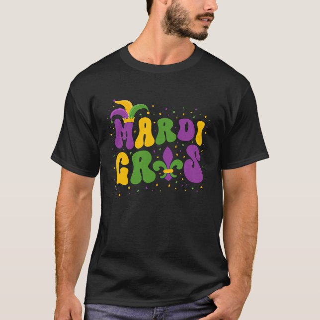 Camiseta Groovy Mardi Gras Púrpura Colas verdes amarillas M (Anverso)