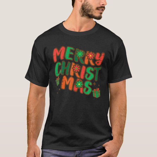 Camiseta Groovy Merry Christmas Retro Vintage Xmas Hombres  (Anverso)