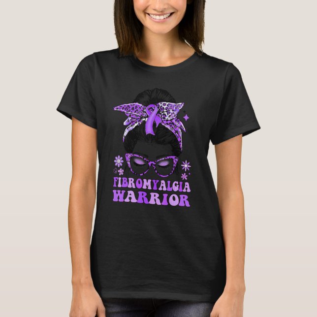 Camiseta Groovy Messy Bun Leopard Purple Ribbon Fibromyalgi (Anverso)
