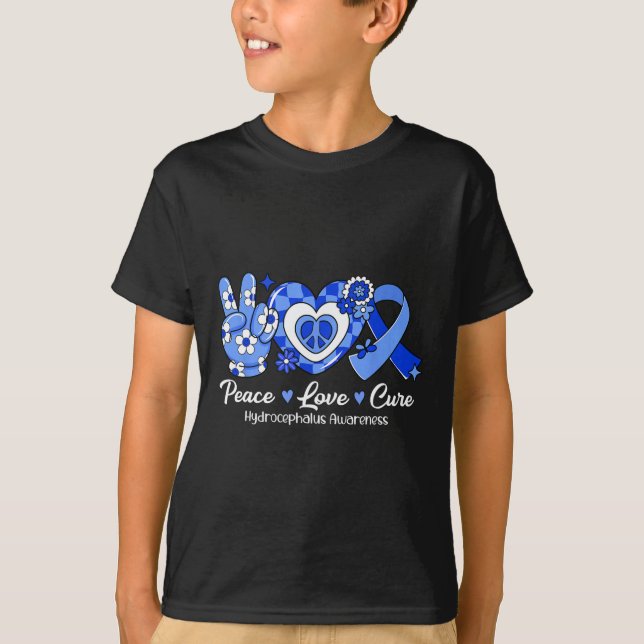 Camiseta Groovy Peace Love Cure Blue Ribbon Hydrocephalus A (Anverso)