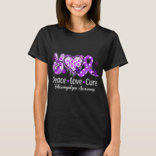 Camiseta Groovy Peace Love Cure Purple Ribbon Fibromialgia