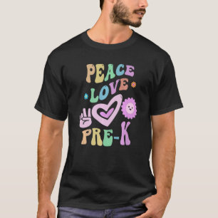 Camiseta Groovy Peace Love PRE K Profesora Little Miss PreK