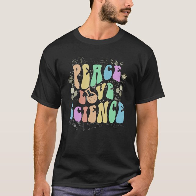 Camiseta Groovy PEACE LOVE SCIENCE Technology Vibes Teacher (Anverso)