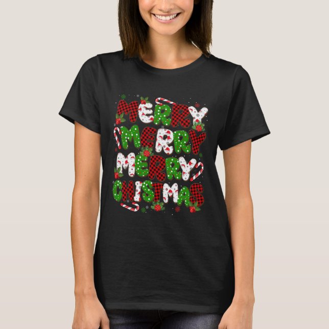 Camiseta Groovy Plaid Merry Christmas Xmas Family Hens Muje (Anverso)