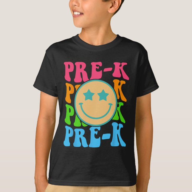 Camiseta Groovy Pre-K Vibes Face Retro Profesores Niños De  (Anverso)