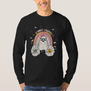 Camiseta Groovy Retro Floral Fantasma Lindo Halloween Espel