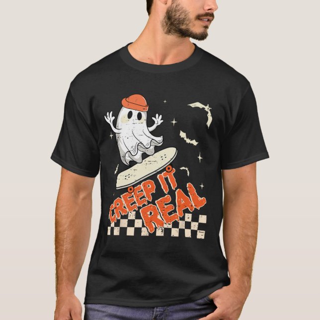 Camiseta Groovy Retro Ghost Halloween Creep It Real Boys Sk (Anverso)