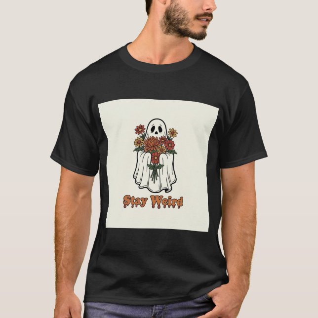 Camiseta Groovy Retro Ghost with Flowers "Stay Weird" Spook (Anverso)