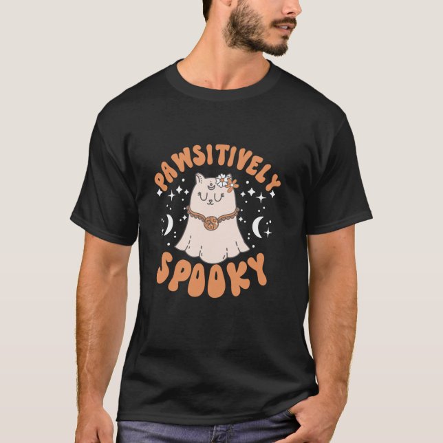 Camiseta Groovy Retro Halloween Ghost Cat Long Sleeve T Shi (Anverso)