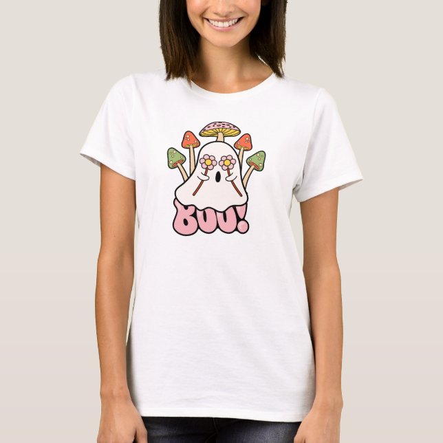 Camiseta Groovy Retro Mashrooms Halloween Boo Ghost Cute (Anverso)
