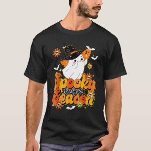 Camiseta Groovy Retro Spooky Season Floral Cute Ghost Hallo