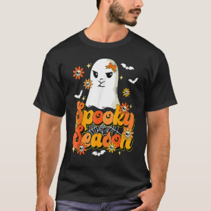 Camiseta Groovy Retro Spooky Season Floral Cute Ghost Hallo