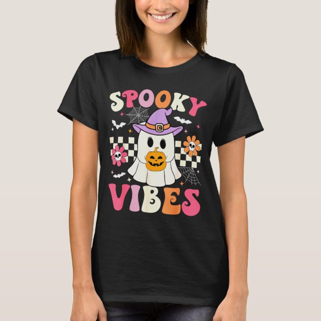 Camiseta Groovy Soky Vibes Retro Ghost Holding Pumpkin Hall (Anverso)