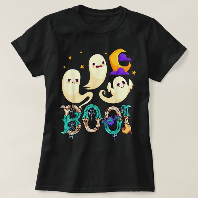 Camiseta Groovy Spooky Season Cute Ghost Pumpkin Ha (Diseño del anverso)