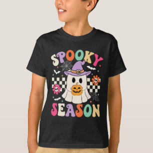 Camiseta Groovy Spooky Season Retro Ghost Holding Pumpkin H