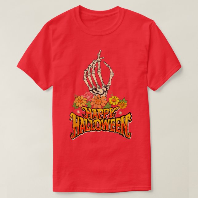 Camiseta Groovy Spooky Skeleton 60 70 Hallowe hippie feliz (Diseño del anverso)