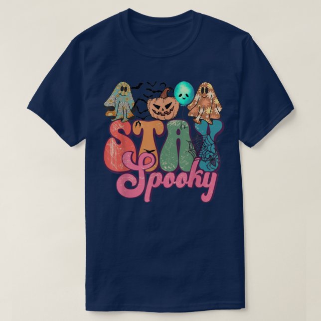 Camiseta Groovy Stay Spooky Vibes Retro Floral Fantasma Hip (Diseño del anverso)