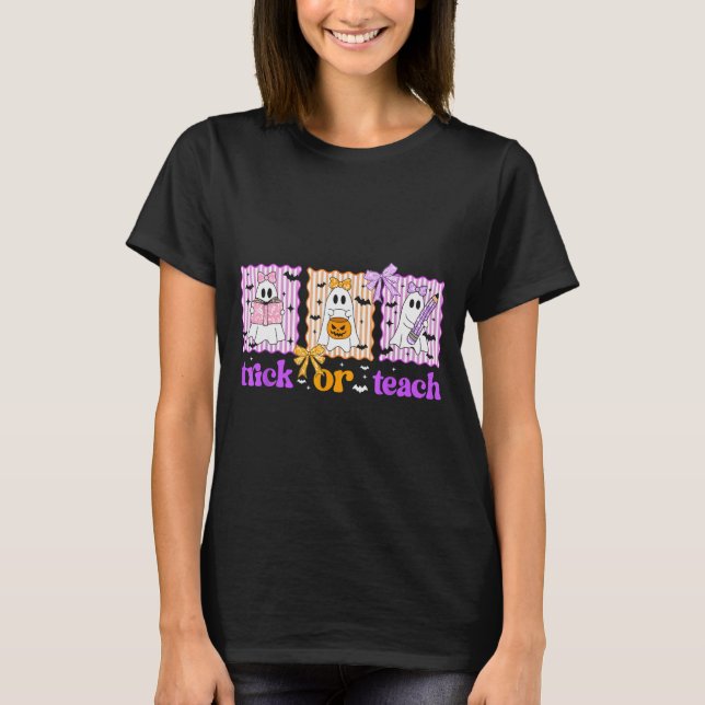 Camiseta Groovy Teacher Halloween Trick Or Teach Ghost Men  (Anverso)