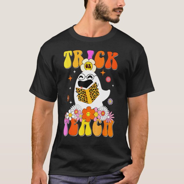 Camiseta Groovy Trick O Teach Cute Ghost Teachee Hallowee (Anverso)