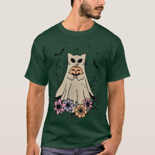 Camiseta Groovy Vintage Floral Ghost cat Cute Halloween Spo